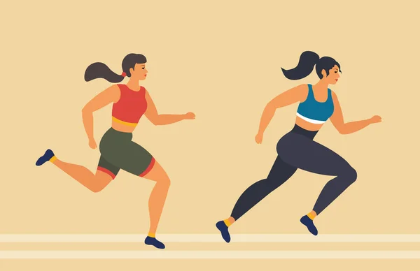 Mujer corre maratón, atleta realiza una carrera, superando la distancia. Deportivas, ejercicios cardiovasculares. Ilustración vectorial — Vector de stock