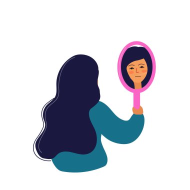 Üzgün yüzlü bir kız aynaya bakar. Kötü ruh hali, hayal kırıklığı, depresyon. Vektör illüstrasyonu