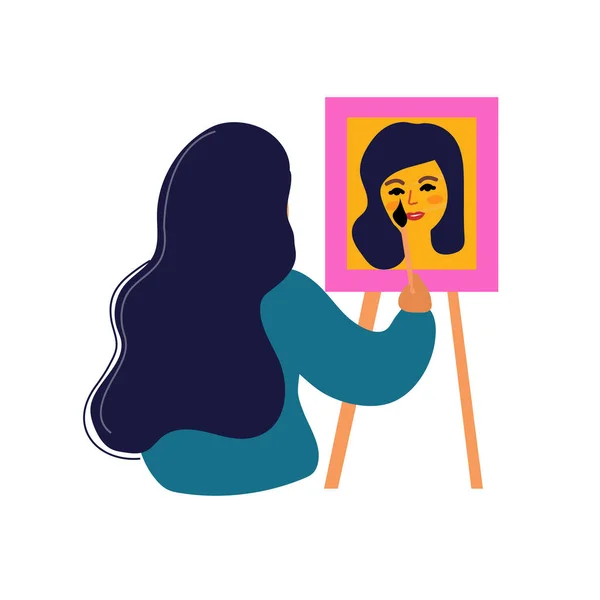 Die Künstlerin zeichnet ein Selbstporträt. Frau lernt Zeichnen zu Hause, Hobbys Konzept. Vektorillustration — Stockvektor