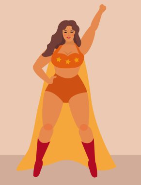 Plus size super hero woman. Body positive concept. Attractive overweight woman. For Fat acceptance movement no fatphobia. Vector illustration clipart