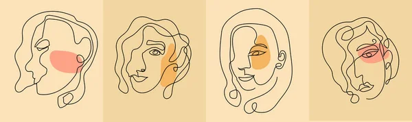 Girls Faces em linha arte estilo moderno da moda. Mulher abstrata enfrentar uma linha. Ilustração vetorial — Vetor de Stock