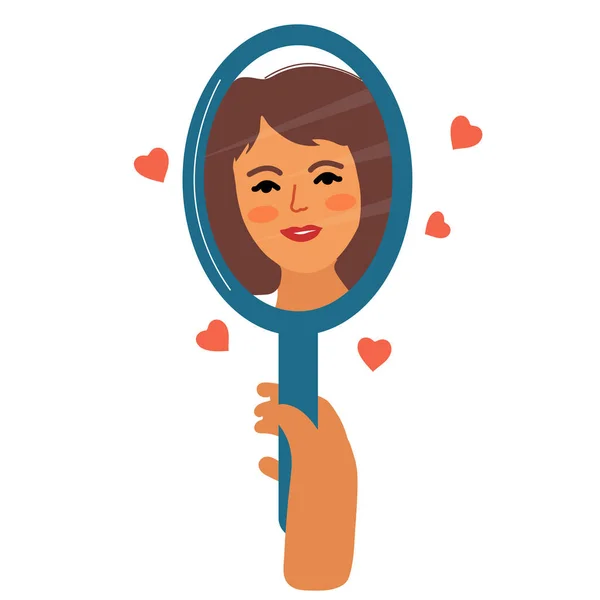 Meisje kijkt in de spiegel, moderne vlakke vector illustratie. Heb jezelf lief, lichaam positief concept. De vrouw zal naar zichzelf kijken. — Stockvector