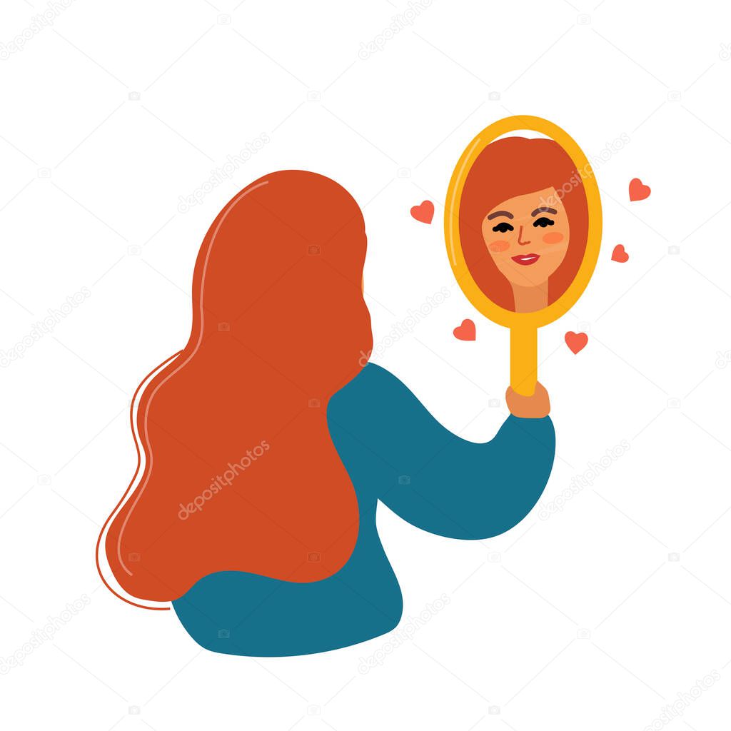 Girl looks in the mirror, modern flat vector illustration. Love yourself, body positive concept. Woman will look at herself