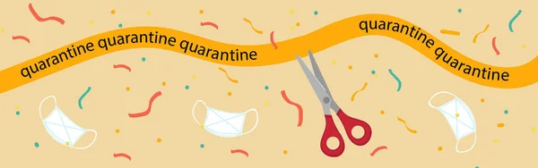 De quarantaine is voorbij. pandevic uiteinde. Beëindig de afsluiting. Het coronavirus is afgelopen. Schaar knip de band door met de inscriptie quarantaine, confetti en een beschermend masker. Vectorillustratie — Stockvector