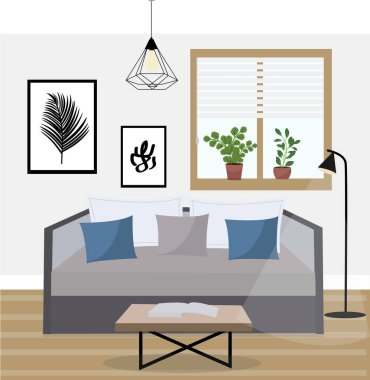 Oturma odasının içinde saksı bitkileri, modern apartman tasarımı. Vektör illüstrasyonu