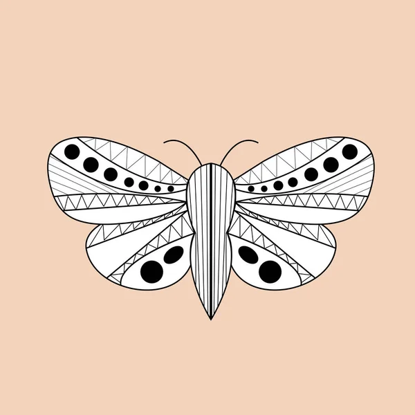 Mariposa de la polilla de la noche dibujado a mano, garabato, estilo de línea de boceto. Alas esotéricas étnicas zentagling. Ilustración vectorial — Vector de stock