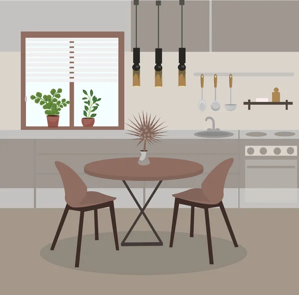 Interior da cozinha moderna com janela, mesa de jantar, utensílios de cozinha, plantas. Casa quarto plana Vector Ilustração — Vetor de Stock