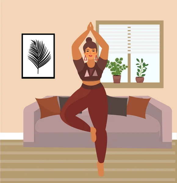 Een vrouw beoefent thuis yoga. Mooie Plus Size Curvy Girl in Vrikshasana positie. Vectorillustratie — Stockvector