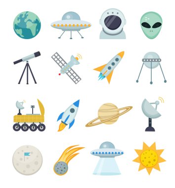 Uzay simgesi ayarlandı. Teleskop, ay gezgini, satürn, roket, astronot, uydu, güneş resimli astronomik evren koleksiyonu.