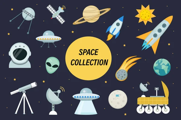 Espaço ícone set flat style.Astronomical coleção Cosmos com telescópio, lua rover, saturno, foguete, astronauta, satélite, sun.Vector ilustração —  Vetores de Stock