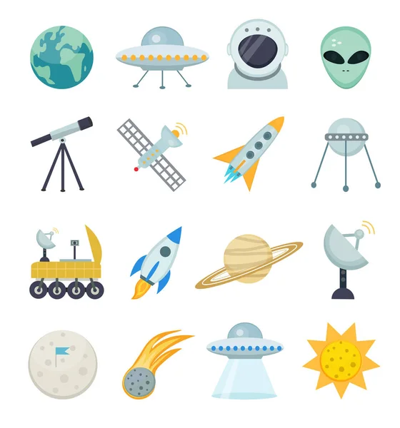 Space ikon set platt stil.Astronomiska Cosmos samling med teleskop, månen rover, mättnad, raket, astronaut, satellit, sol.Vektor illustration — Stock vektor