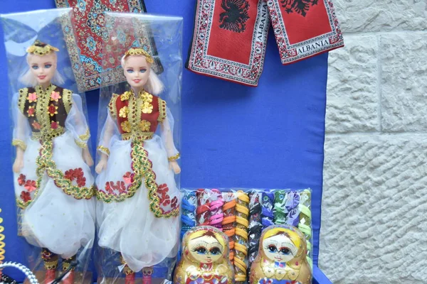 KRUJE,ALBANIA - 21 MAY 2017:Traditional Ottoman market in Kruja, card — Zdjęcie stockowe