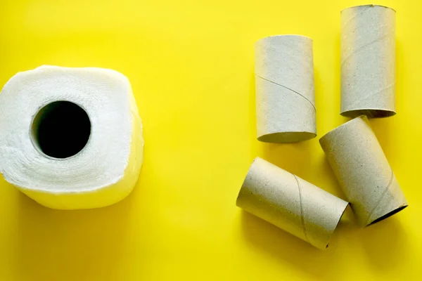 Ovanifrån av toalettpapper rulle och pappersrör på gul bakgrund. — Stockfoto