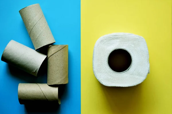 Ovanifrån av toalettpapper rulle och pappersrör under coronavirus epidemin. — Stockfoto