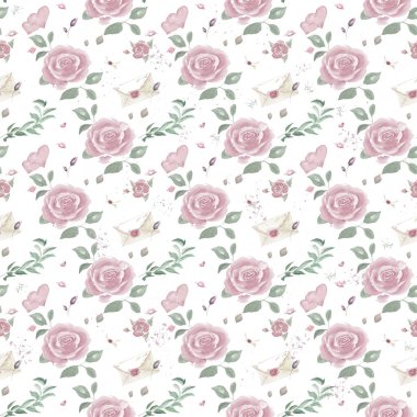 Güller, kalpler, öpücükler ve zarflarla suluboya retro deseni