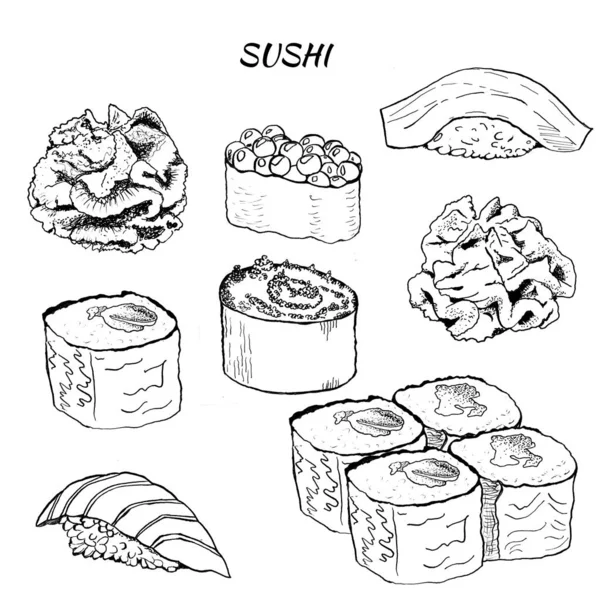 Dibujo a mano de sushi y rollos sobre fondo blanco aislado — Foto de Stock