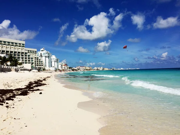 View of the beach in Cancun, a Mexican city on the Yucatan Peninsula on the Caribbean Sea