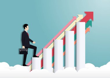 Grafik şeklinde merdivenlerde yürüyen bir iş adamı.