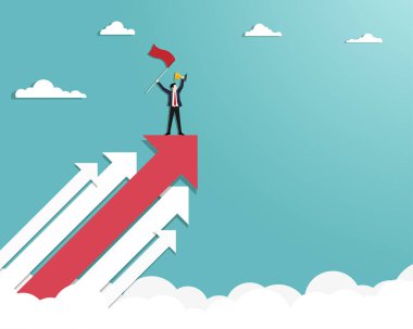 İş adamı elinde başarı bayrağıyla altın bir kupa tutuyor.