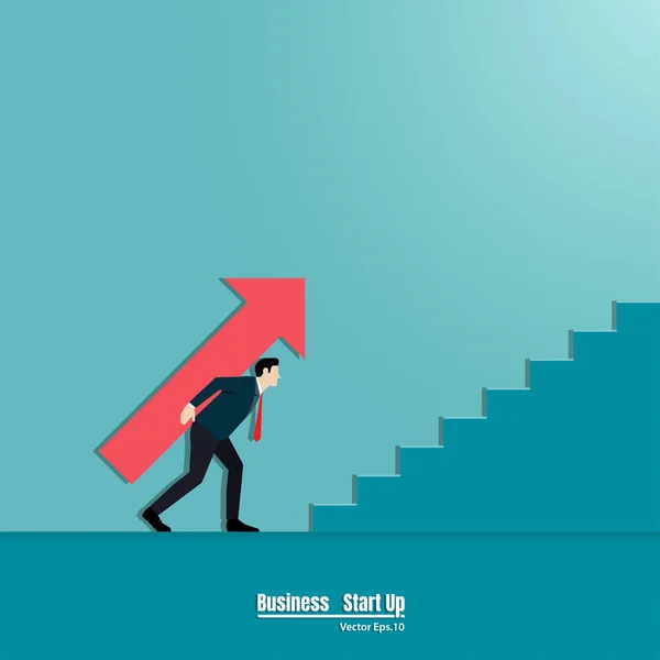Affärsman som håller pil uppför trappan — Stock vektor