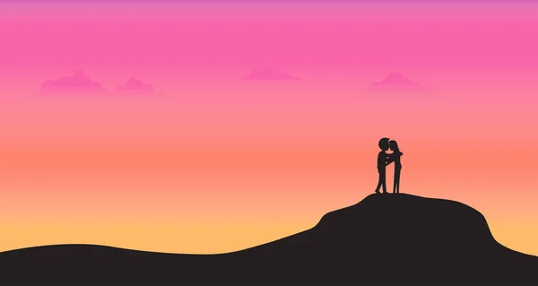 Silhouette couple stand on mountain with sunset background — 스톡 벡터