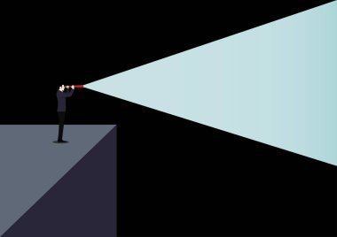 Karanlıkta teleskop ışığı olan iş görüşlü liderlik kavramı. Başarı sembolü, fikirler, başarı, vektör çizimi düz tasarım