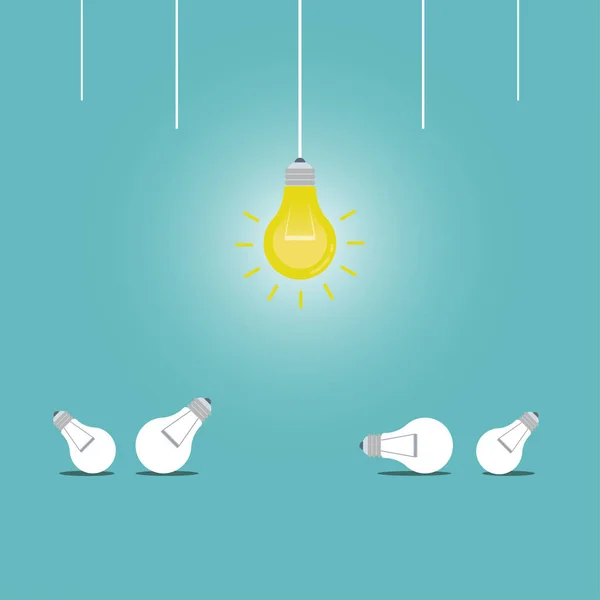 Ampoules Suspendues Avec Seul Éclat Sur Fond Bleu Foncé Concept — Image vectorielle