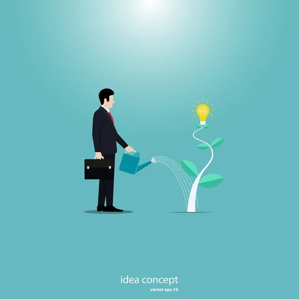 Business Concept Illustrazione Imprenditore Irrigazione Giovane Pianta Lampadina Idee Creative — Vettoriale Stock