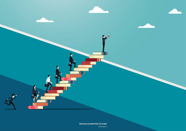 Концепция бизнес-образования, Команда профессионалов бизнеса с успешной карьерой и образованием, стоящие на книгах, Команда людей пересекает стену роста и цели, Векторная иллюстрация плоского дизайна
