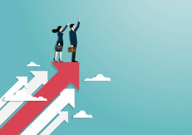 İş görüşü ve hedefi, İşadamı ve kadın kırmızı ok üzerinde el kaldırıyor kariyerinde başarıya gidiyor. Kavram işi, Başarı, Karakter, Liderlik, Vektör illüstrasyon düzlüğü
