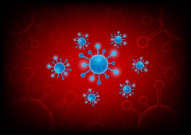 Virüs. Kırmızı zemin üzerinde soyut virüs vektörü, Coronavirus, Covid-19, Alerji bakterisi, Tıbbi sağlık, Mikrobiyoloji, Hastalık mikrobu, Patojenik organizma, Bulaşıcı mikrovirüs bilimi