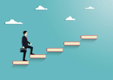 İş adamı merdivenlerden yukarı çıkıyor. Başlangıç, Liderlik, Büyüme, Başarı, İş Konsepti. Vektör illüstrasyonu düz biçimi