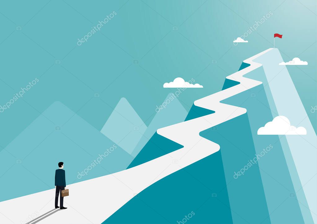 Businessman stands to look at the flag on top of the mountain, business finance concept, achievement, leadership, vector illustration flat style