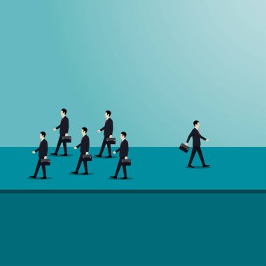 Bir işadamı gruptan uzaklaştı. İş farklılıklarının sembolü. Yeni fikirler yaratıcılık. konsept. Başarı. Liderlik. vektör çizimi düz tasarım