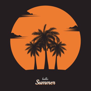 Yaz tatili tropikal, gökyüzünde hindistan cevizi palmiyeleri ve günbatımı arka planında. afiş davetiyesi. Silüet doğası. vektör çizimi tasarımı