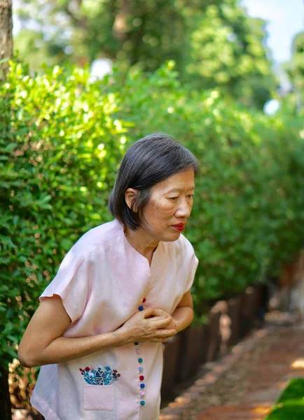 Una viejo asiático mujer en rosa blusa de pie en un jardín consiguiendo pecho dolor — Foto de Stock