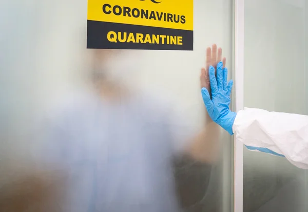 Patient Covid Infection Quarantined Negative Room While Doctor Gives Treatemnts — Stock Photo, Image