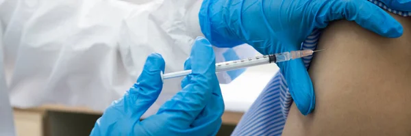 Banner Picture Doctor Wearing Gloves Injecting Vaccine Woman Patient Hospital — Stock Photo, Image