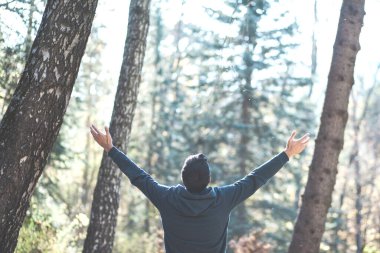 Doğada günbatımında ormanda mutlu bir adam.