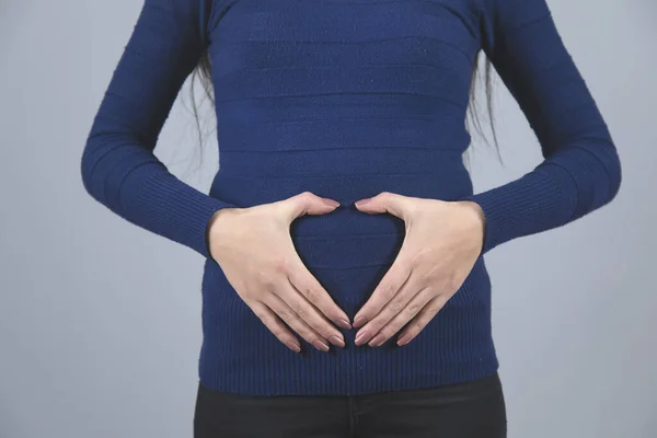 Woman Hand Heart Sign Belly Grey Background — Stock Photo, Image