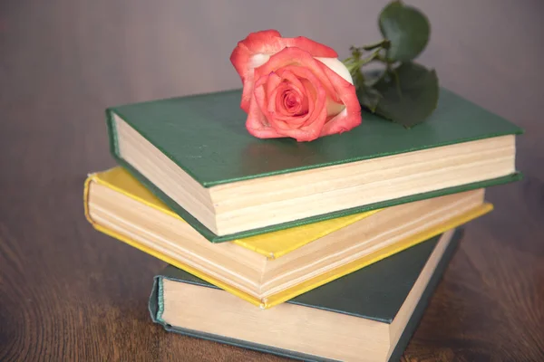 Βιβλίο Τριαντάφυλλα Στο Ξύλινο Τραπέζι — Φωτογραφία Αρχείου