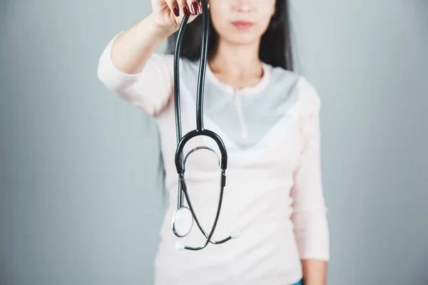 Woman Hand Stethoscope Gray Background — Stock Photo, Image