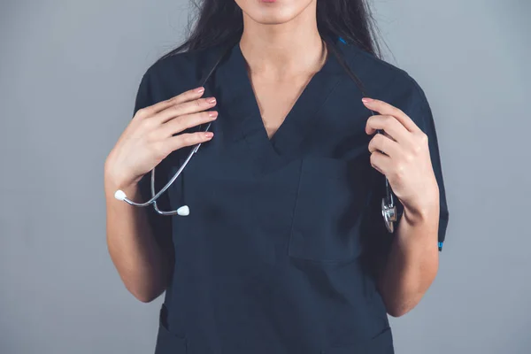 Woman Doctor Hand Stethoscope Dark Background — Stock Photo, Image