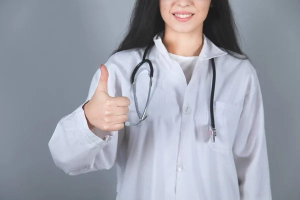 Happy Doctor Hand Okay Sign Grey Background — Stock Photo, Image