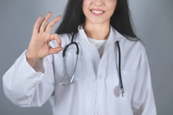 Happy Doctor Hand Okay Sign Grey Background — Stock Photo, Image