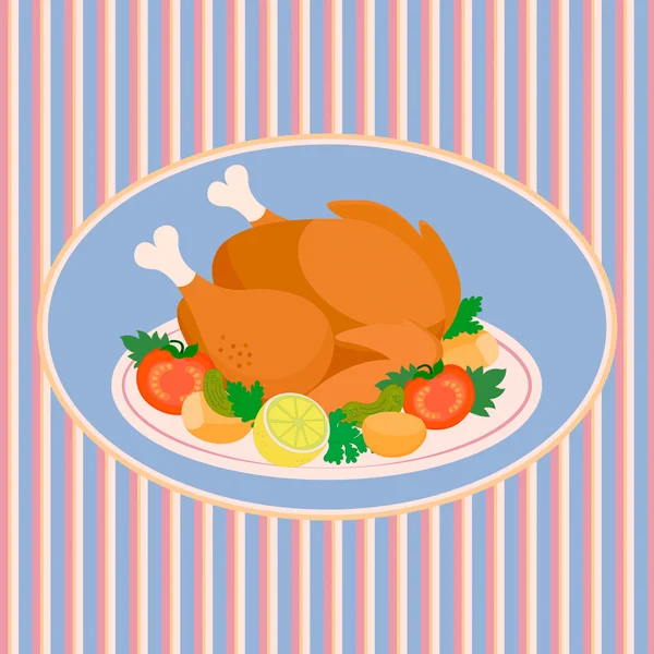 A Turquia em uma bandeja com legumes no fundo da toalha de mesa — Vetor de Stock