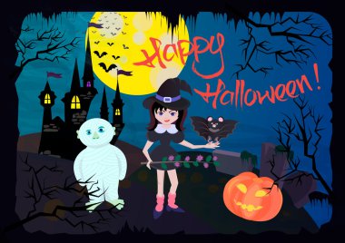 Cadı, yarasa, mumya ve kartı mutlu Ha sırıtan kabaklar