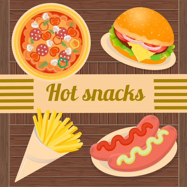 Hot snacks pizza, hamburger, sausages, French fries — ストックベクタ