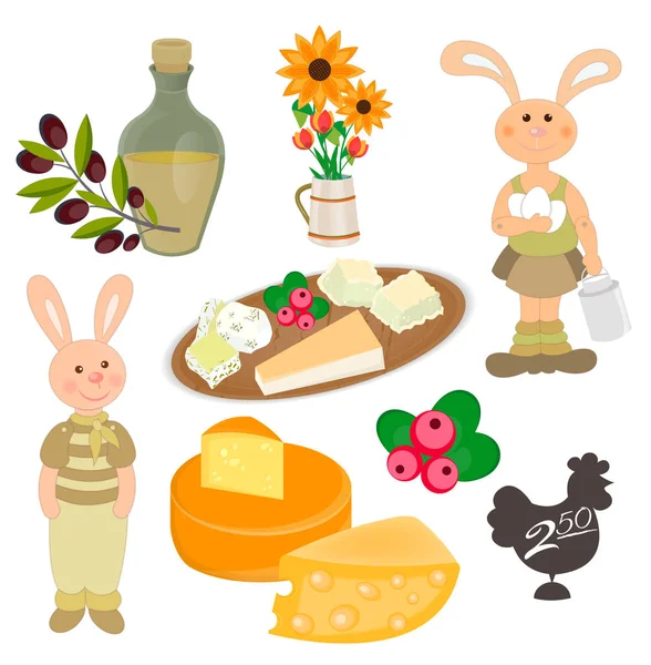 Ensemble de produits biologiques, lapin aux œufs et une boîte de lait, loin — Image vectorielle