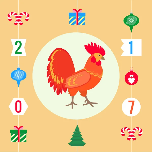 Garland gåvor och juldekorationer. Tupp fågel som Symbol — Stock vektor